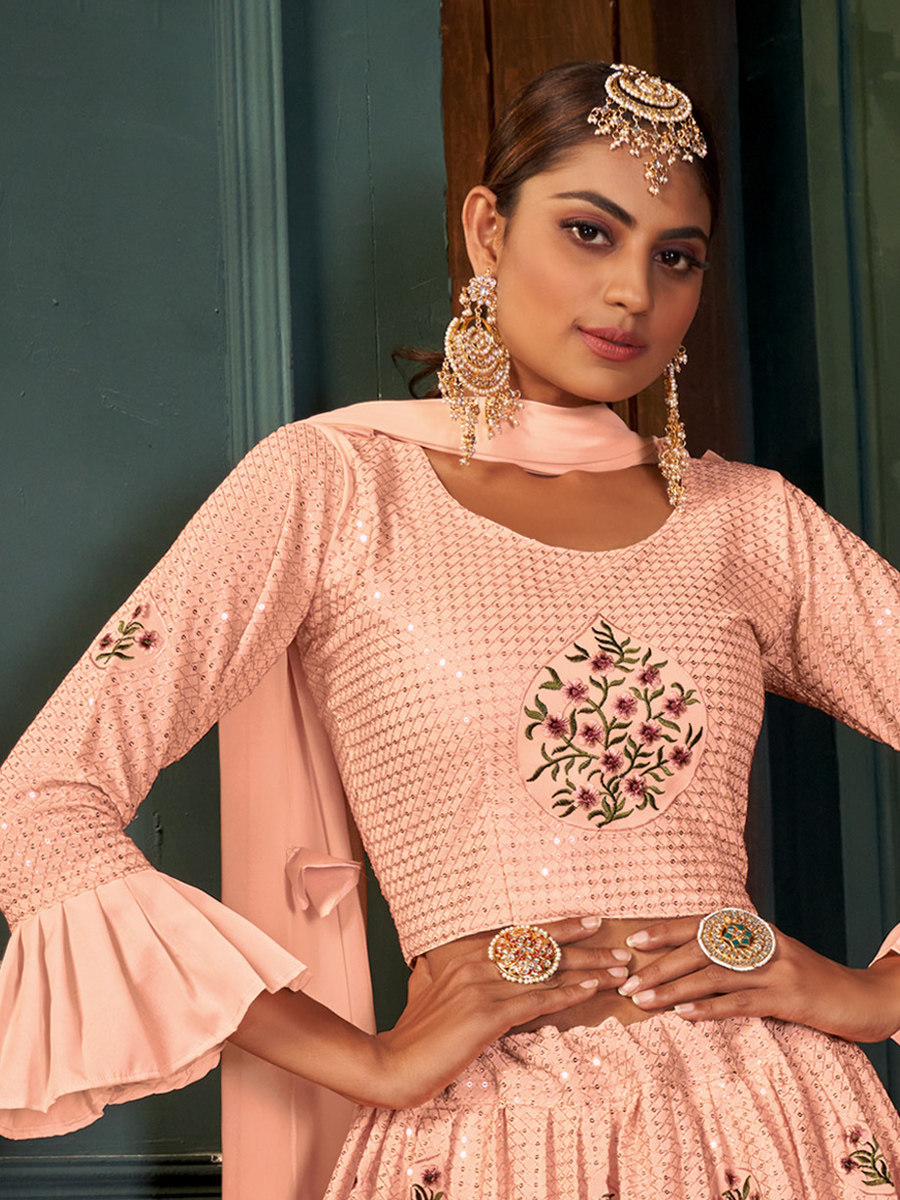 Apricot Orange Georgette Embroidered Bridal Lehenga Choli