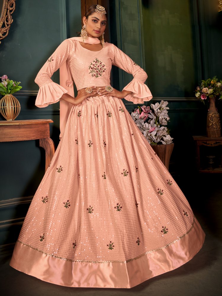Apricot Orange Georgette Embroidered Bridal Lehenga Choli