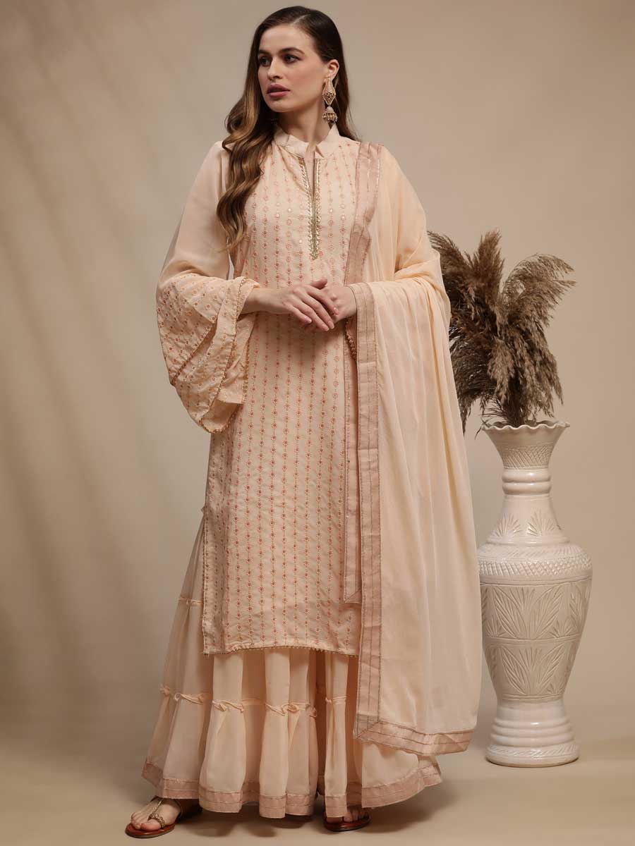 Apricot Orange Georgette Embroidered Festival Palazzo Pant Kameez