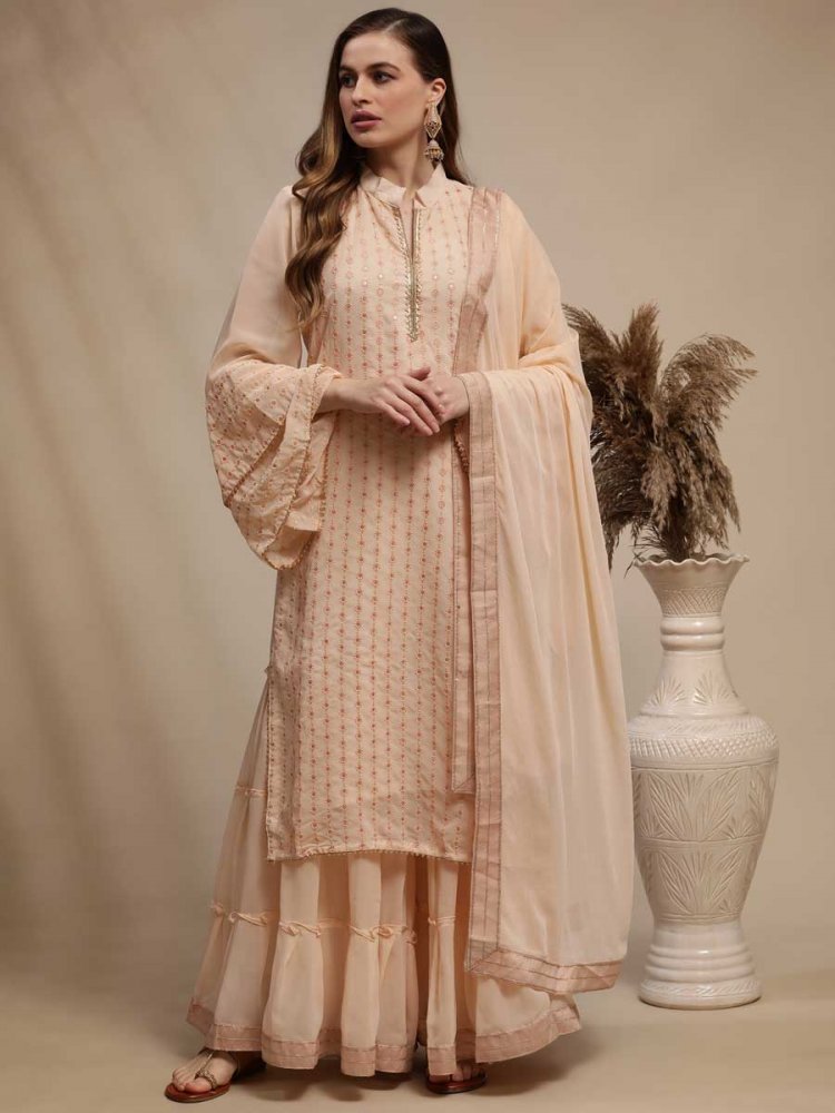 Apricot Orange Georgette Embroidered Festival Palazzo Pant Kameez