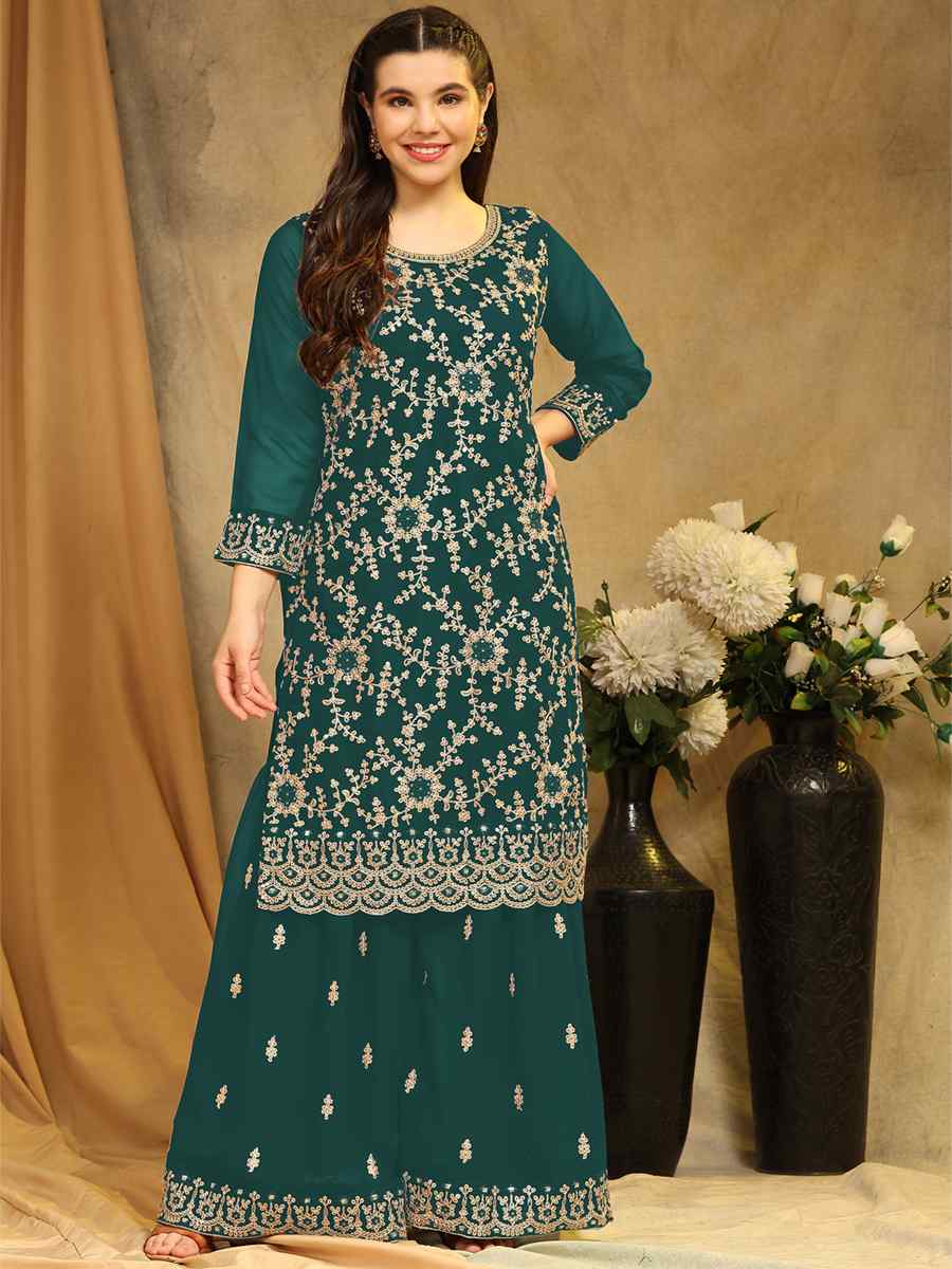Aqua Blue Blooming Georgette Embroidered Festival Wedding Palazzo Pant Salwar Kameez