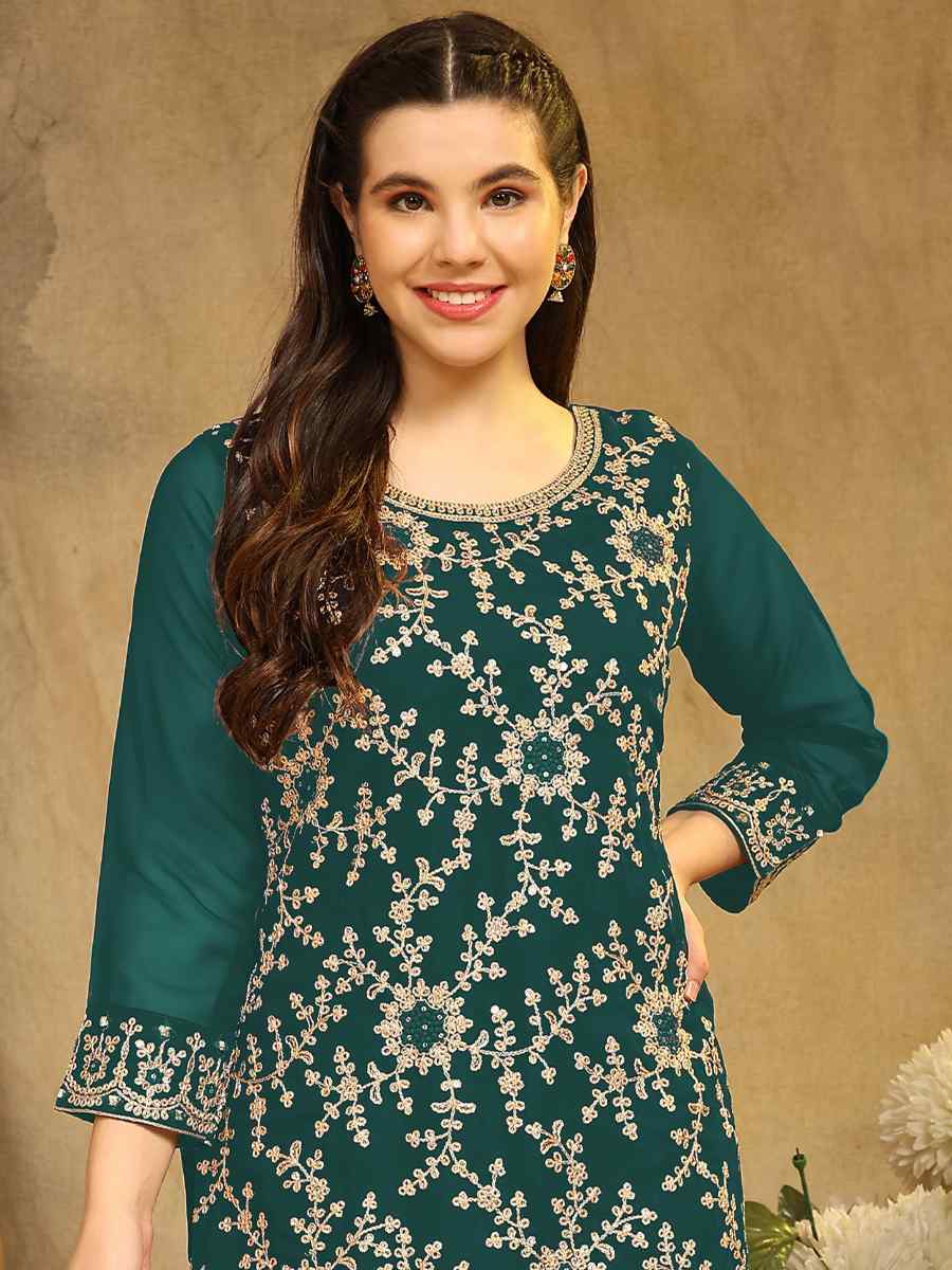 Aqua Blue Blooming Georgette Embroidered Festival Wedding Palazzo Pant Salwar Kameez