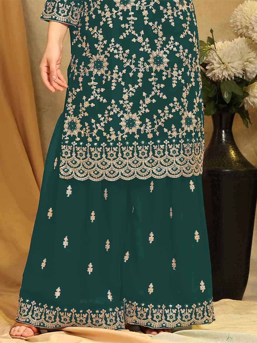 Aqua Blue Blooming Georgette Embroidered Festival Wedding Palazzo Pant Salwar Kameez