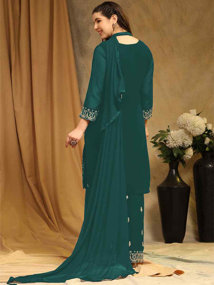 Aqua Blue Blooming Georgette Embroidered Festival Wedding Palazzo Pant Salwar Kameez