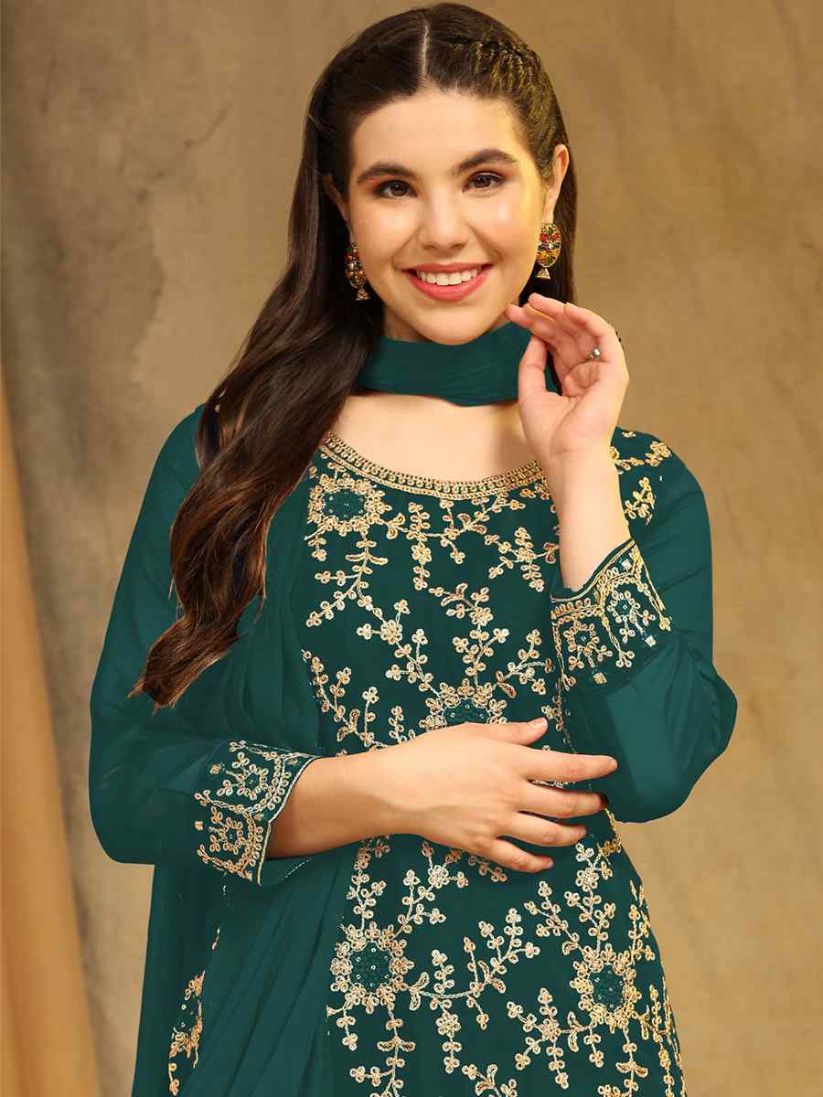 Aqua Blue Blooming Georgette Embroidered Festival Wedding Palazzo Pant Salwar Kameez