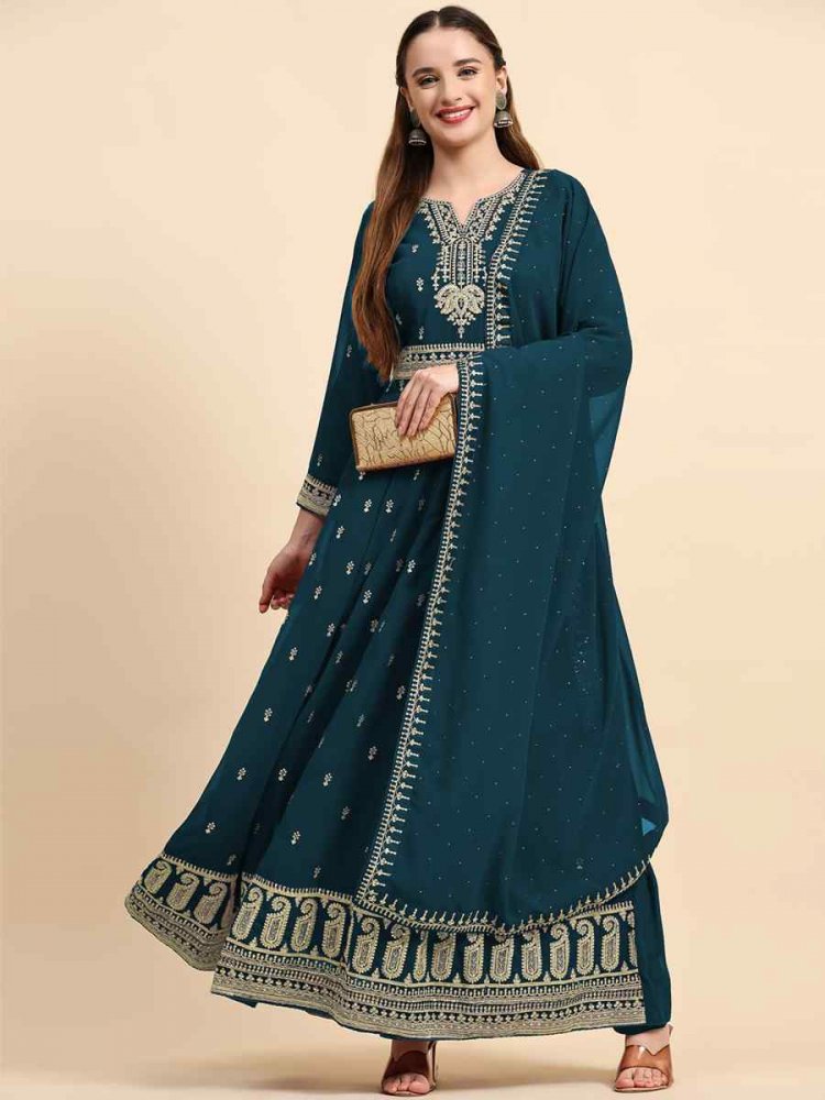 Aqua Blue Faux Georgette Embroidered Festival Wedding Anarkali Salwar Kameez
