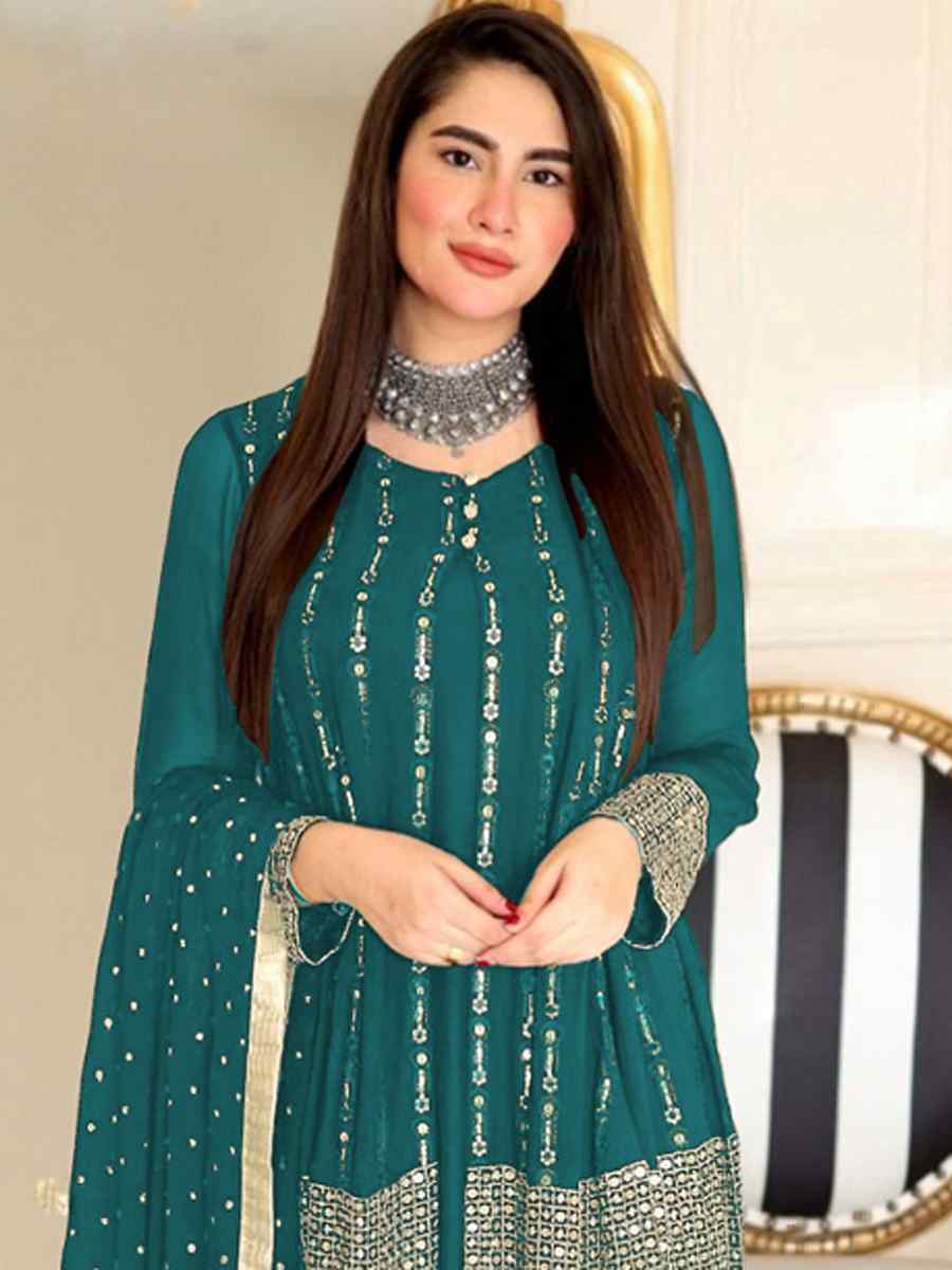 Aqua Blue Faux Georgette Embroidered Festival Wedding Palazzo Pant Salwar Kameez