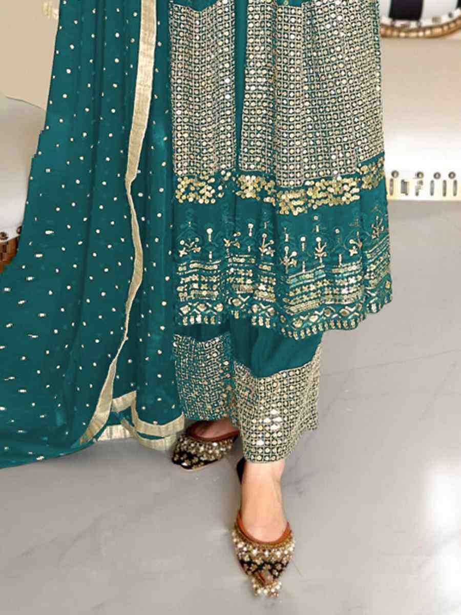 Aqua Blue Faux Georgette Embroidered Festival Wedding Palazzo Pant Salwar Kameez