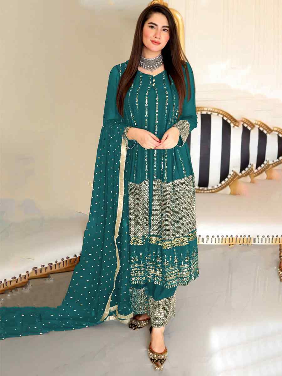 Aqua Blue Faux Georgette Embroidered Festival Wedding Palazzo Pant Salwar Kameez
