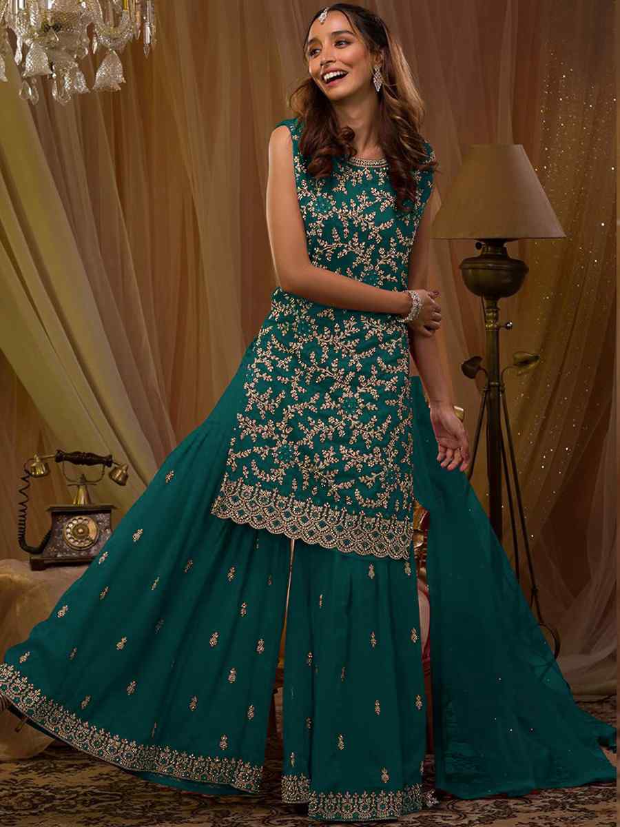 Aqua Blue Faux Georgette Embroidered Festival Wedding Sharara Pant Salwar Kameez