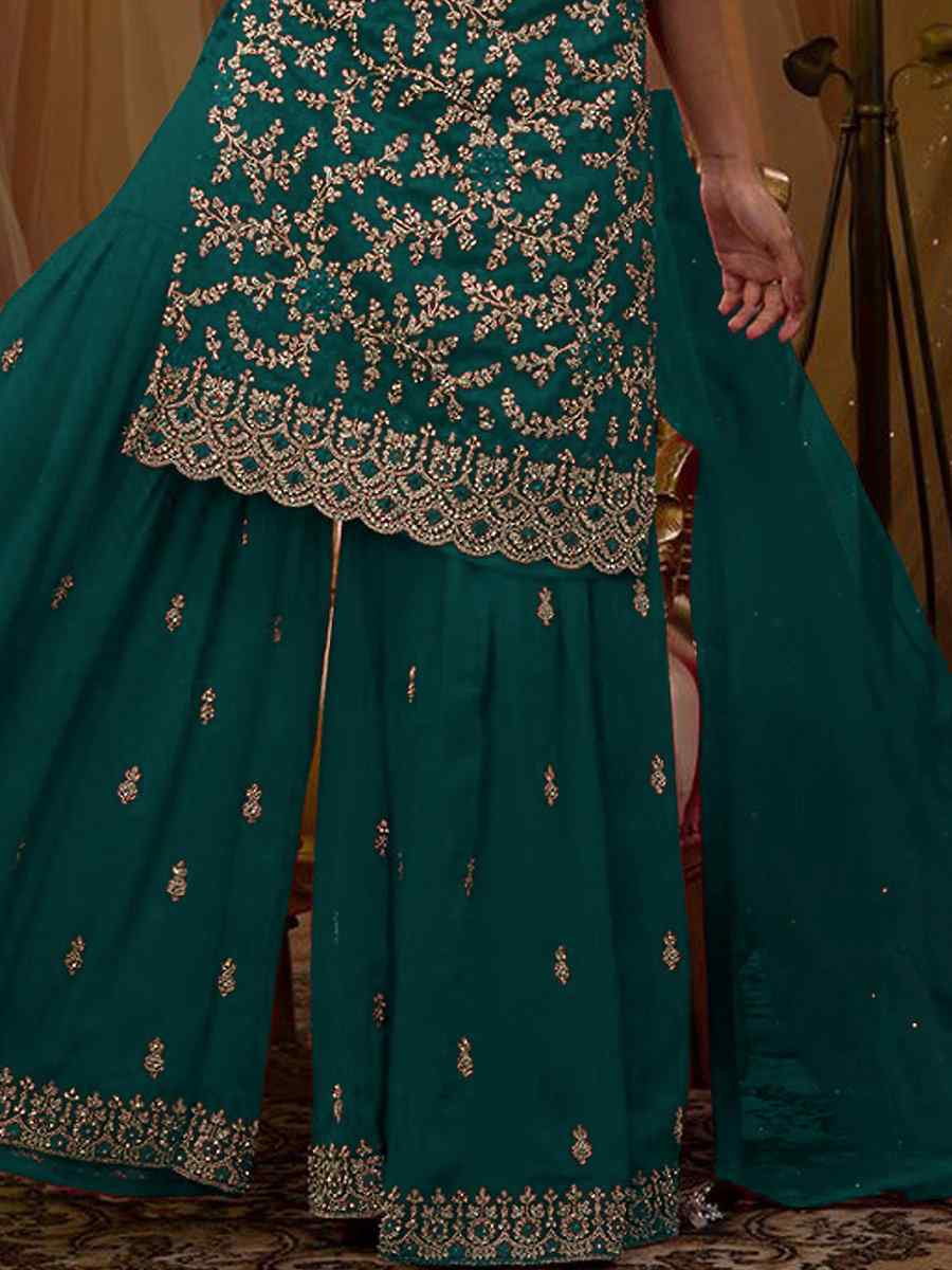Aqua Blue Faux Georgette Embroidered Festival Wedding Sharara Pant Salwar Kameez