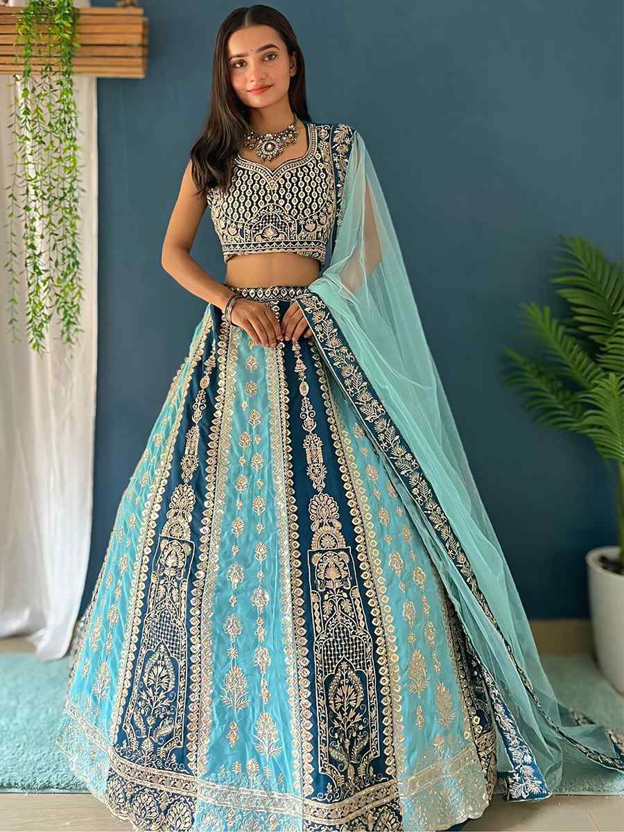 Aqua Blue Faux Georgette Embroidered Wedding Festival Heavy Border Lehenga Choli