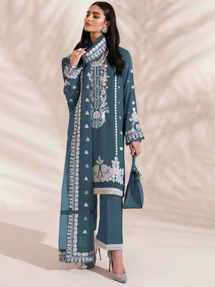 Aqua Blue Georgette Embroidered Festival Wedding Pant Salwar Kameez