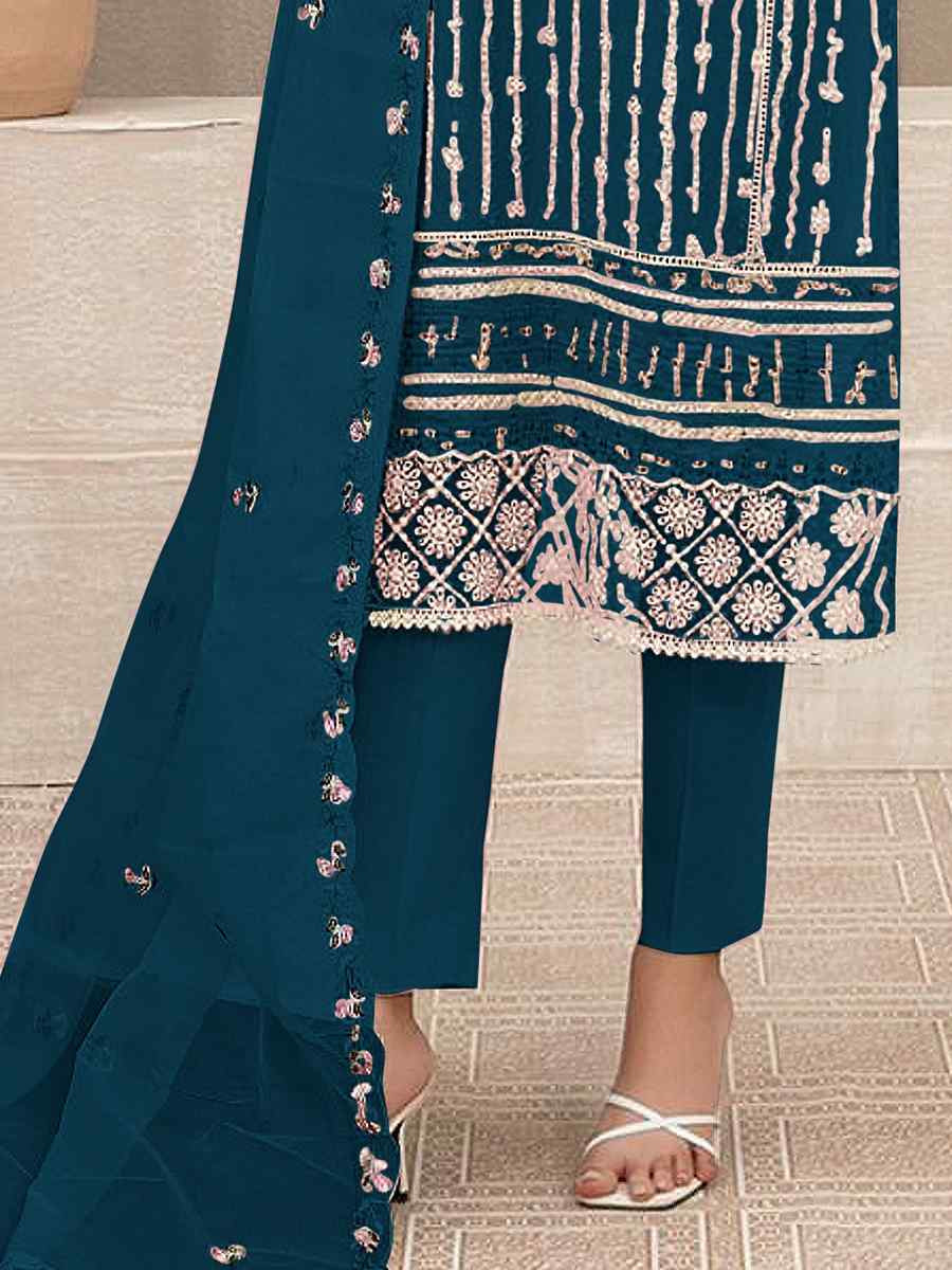 Aqua Blue Georgette Embroidered Festival Wedding Pant Salwar Kameez