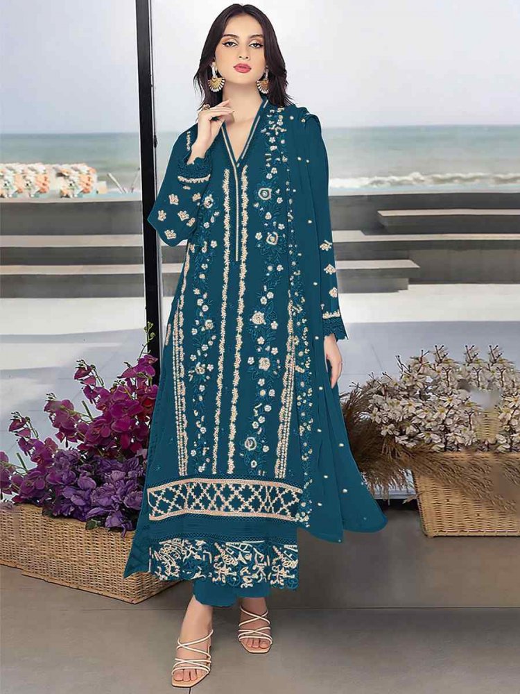 Aqua Blue Georgette Embroidered Festival Wedding Pant Salwar Kameez