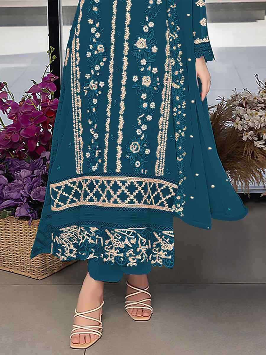 Aqua Blue Georgette Embroidered Festival Wedding Pant Salwar Kameez