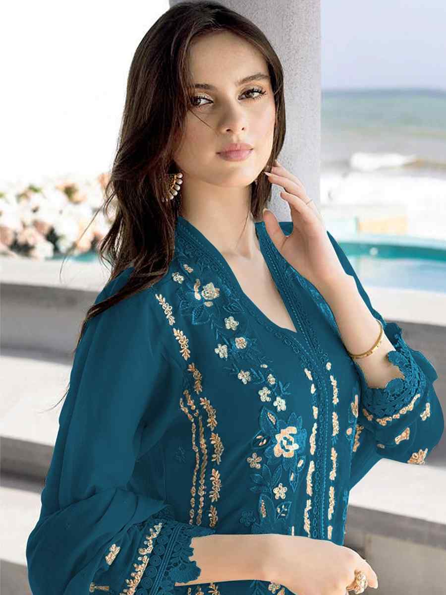 Aqua Blue Georgette Embroidered Festival Wedding Pant Salwar Kameez