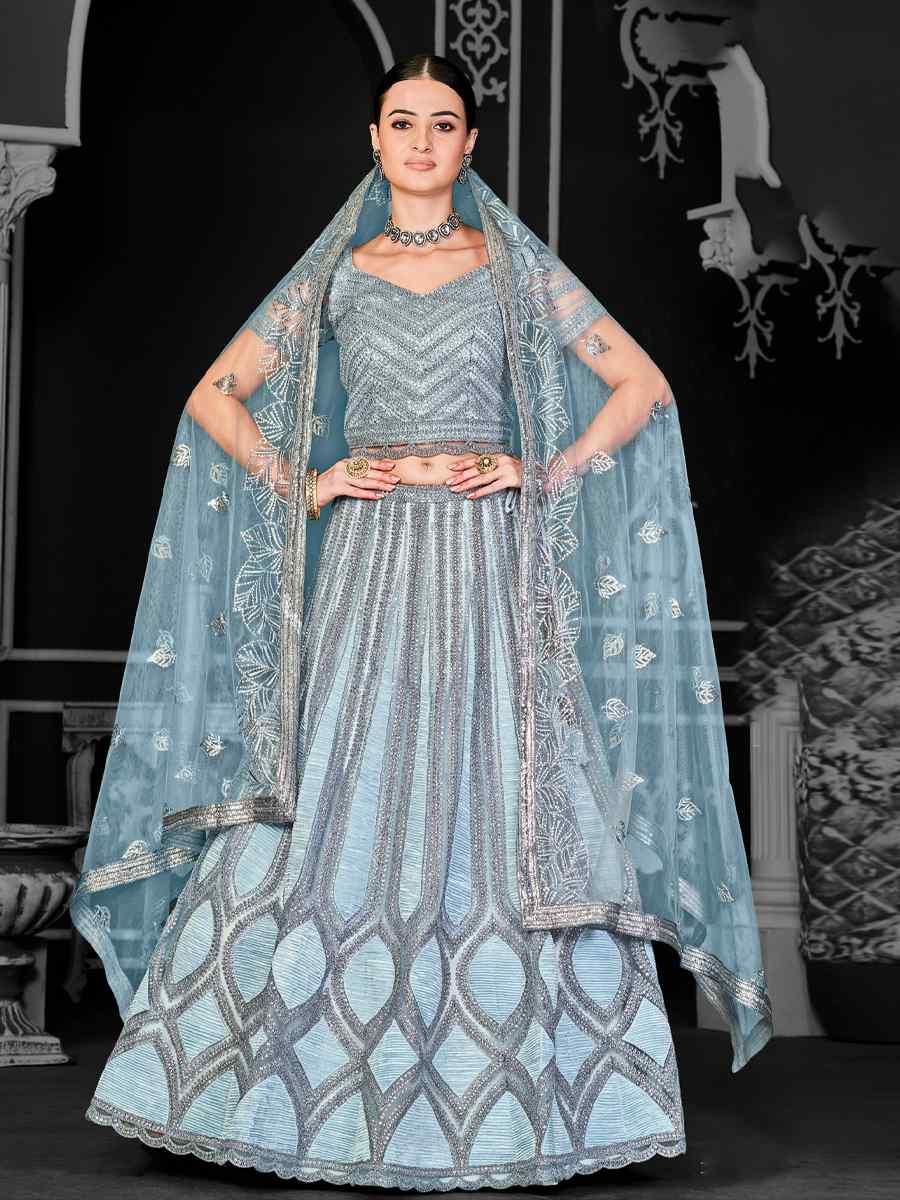 Aqua Blue Net Embroidered Festival Wedding Ceremony Circular Lehenga Choli