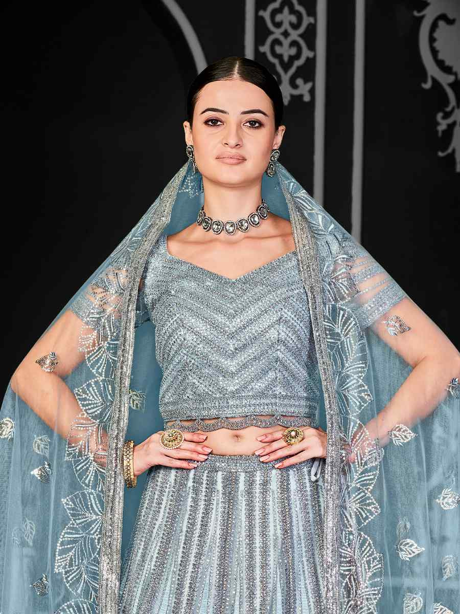 Aqua Blue Net Embroidered Festival Wedding Ceremony Circular Lehenga Choli