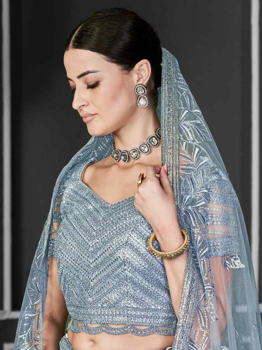 Aqua Blue Net Embroidered Festival Wedding Ceremony Circular Lehenga Choli