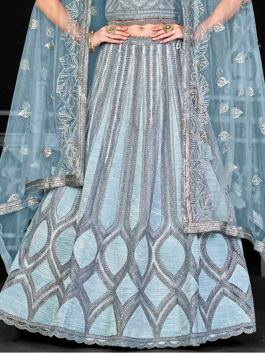 Aqua Blue Net Embroidered Festival Wedding Ceremony Circular Lehenga Choli