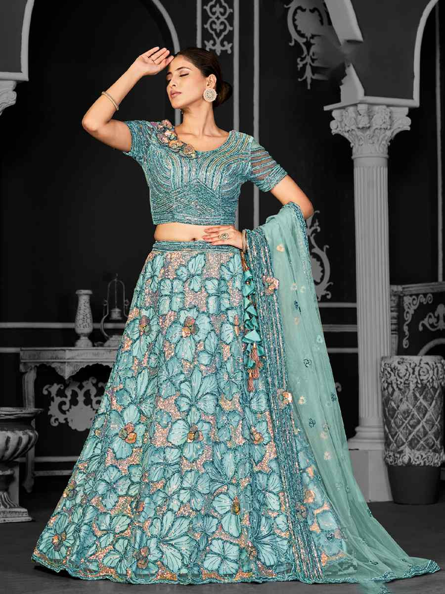 Aqua Blue Net Embroidered Festival Wedding Ceremony Circular Lehenga Choli