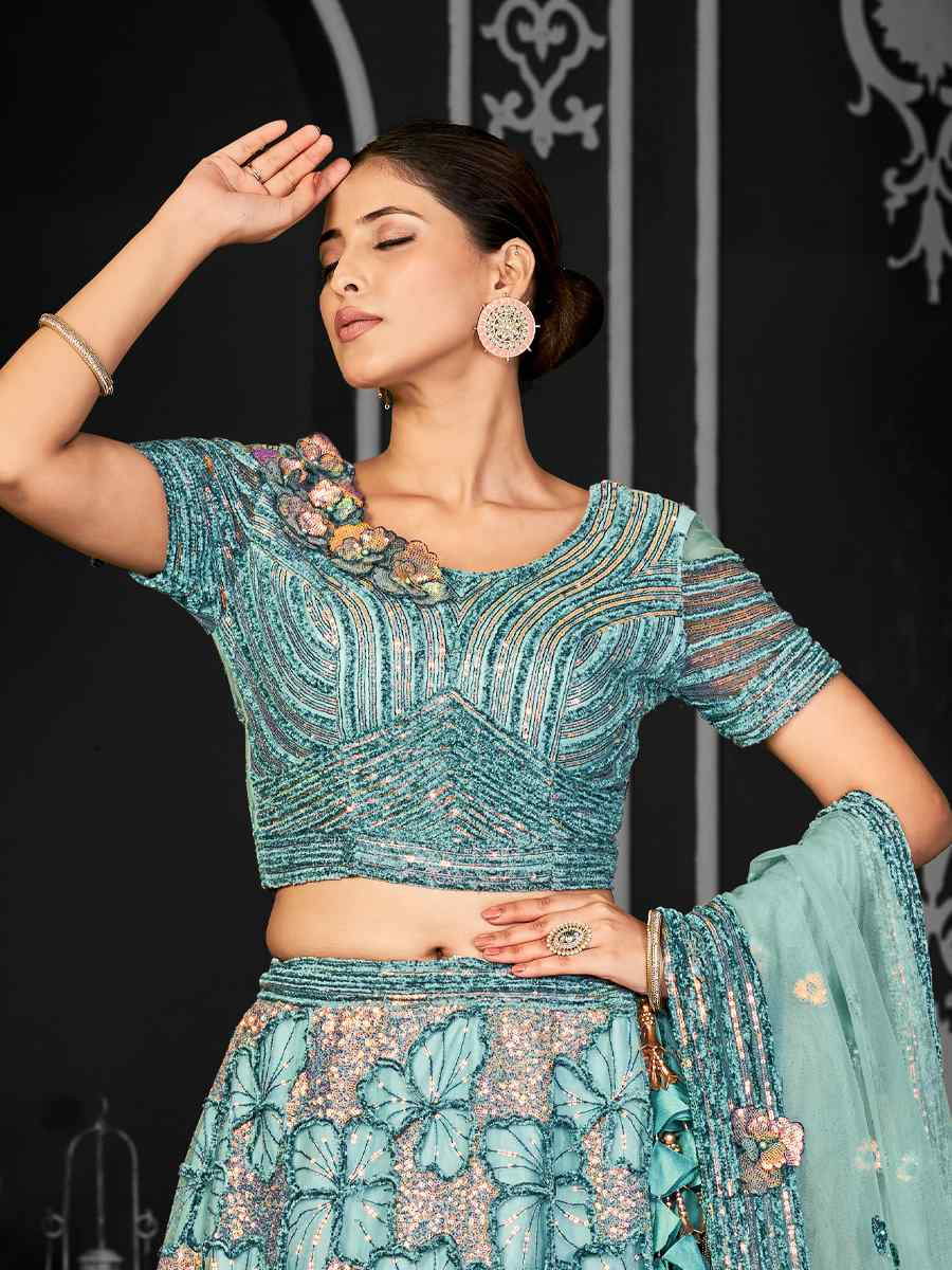 Aqua Blue Net Embroidered Festival Wedding Ceremony Circular Lehenga Choli