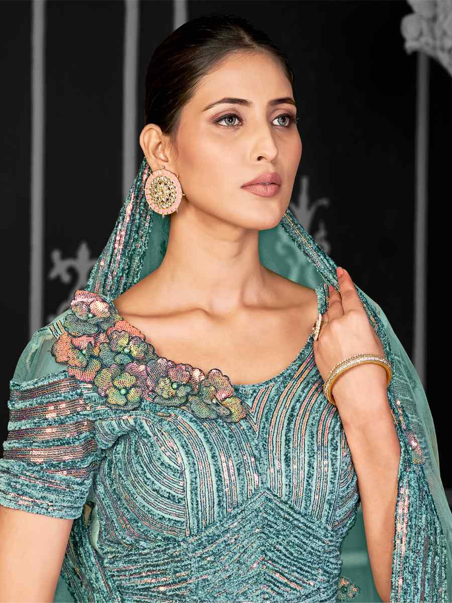 Aqua Blue Net Embroidered Festival Wedding Ceremony Circular Lehenga Choli