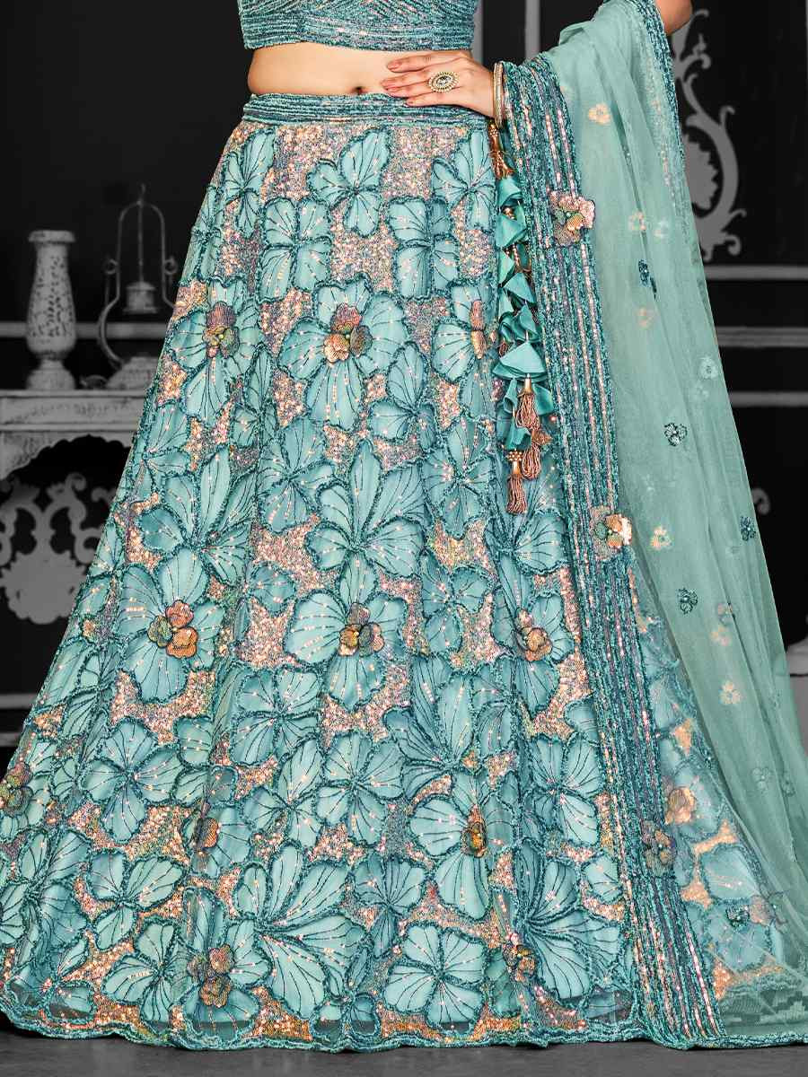 Aqua Blue Net Embroidered Festival Wedding Ceremony Circular Lehenga Choli