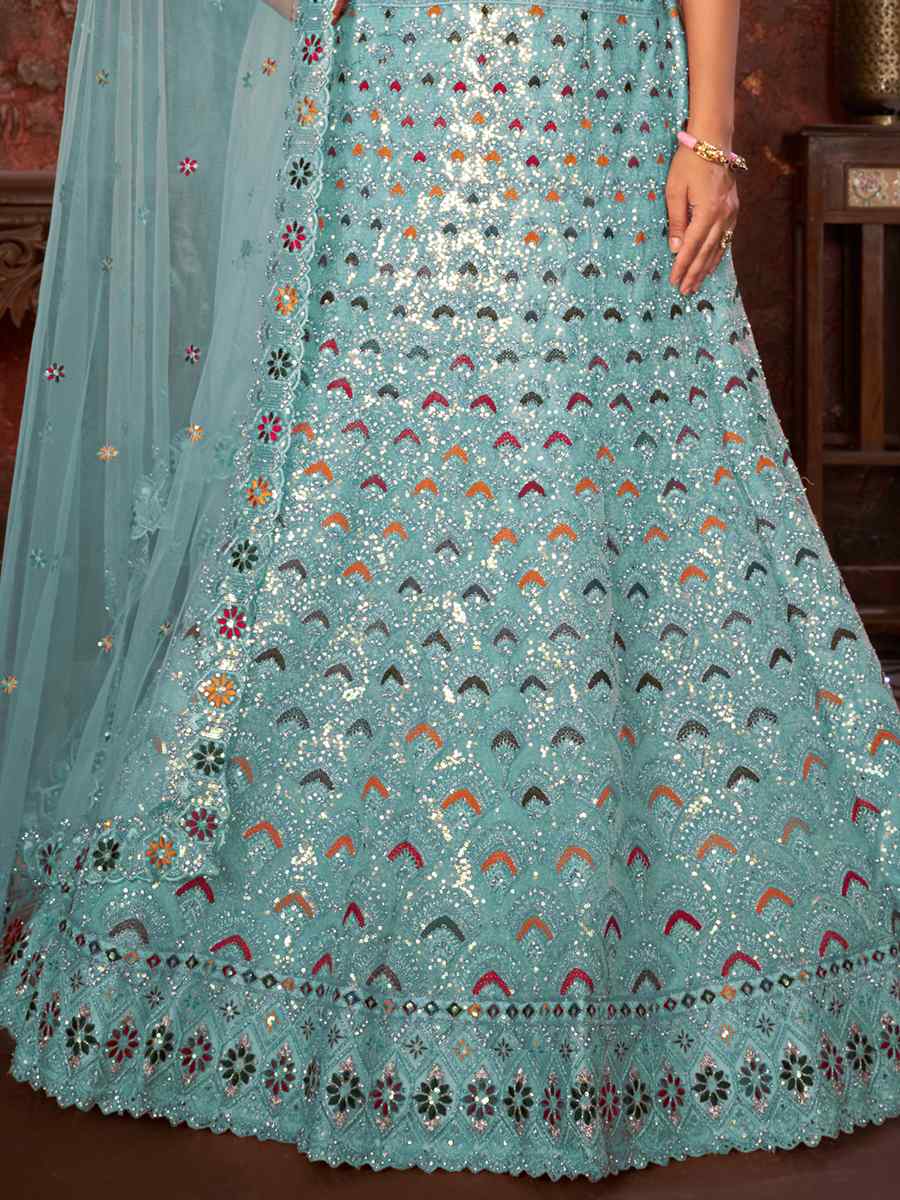 Aqua Blue Net Embroidered Reception Wedding Heavy Border Lehenga Choli