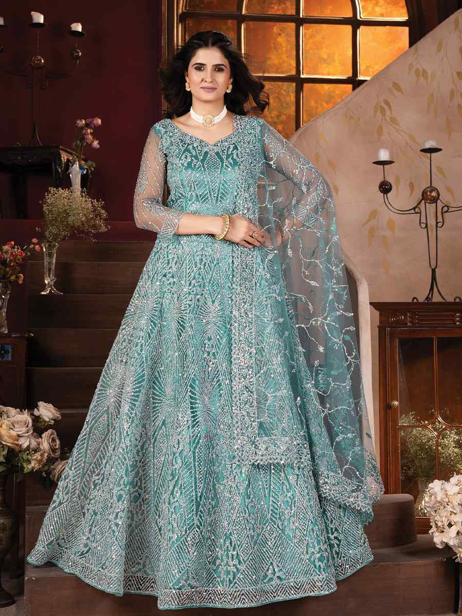 Aqua Blue Net Embroidered Wedding Festival Heavy Border Lehenga Choli