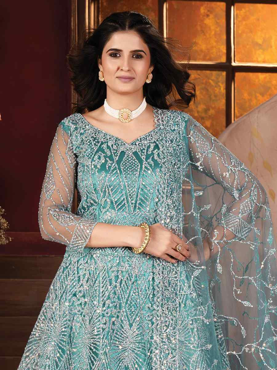Aqua Blue Net Embroidered Wedding Festival Heavy Border Lehenga Choli