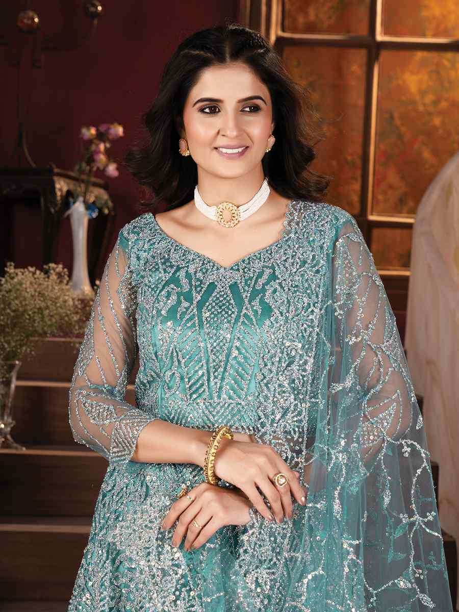Aqua Blue Net Embroidered Wedding Festival Heavy Border Lehenga Choli