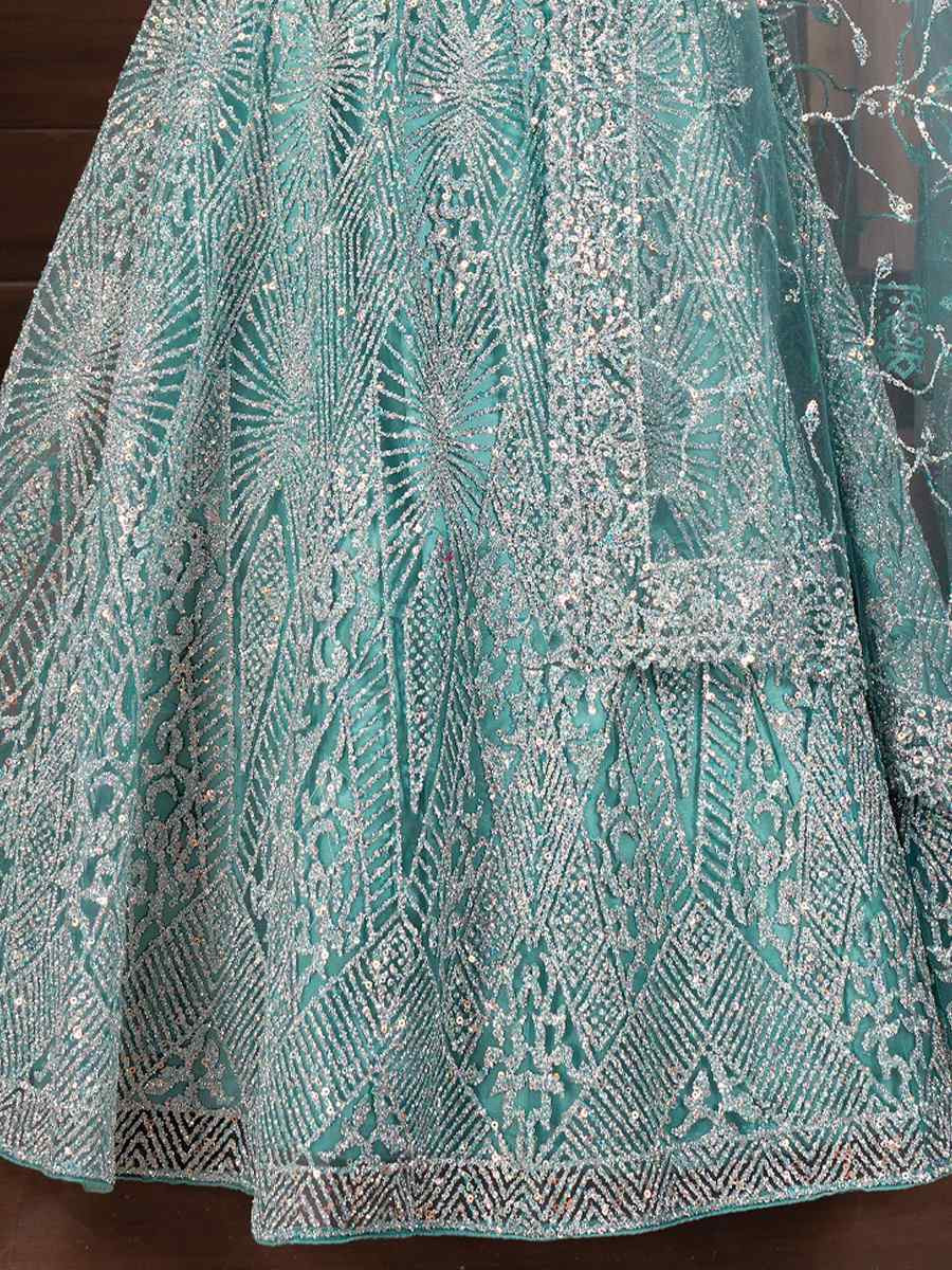 Aqua Blue Net Embroidered Wedding Festival Heavy Border Lehenga Choli