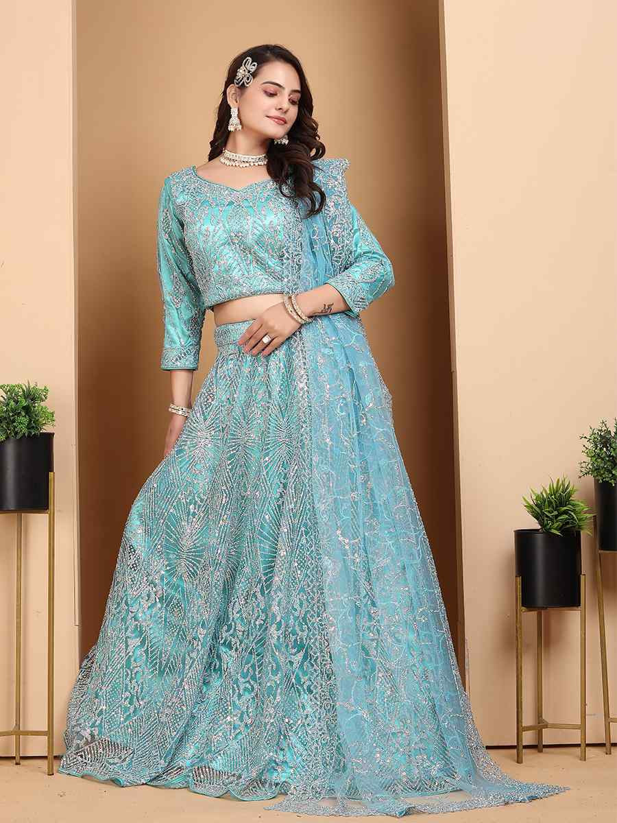 Aqua Blue Net Embroidered Wedding Festival Heavy Border Lehenga Choli