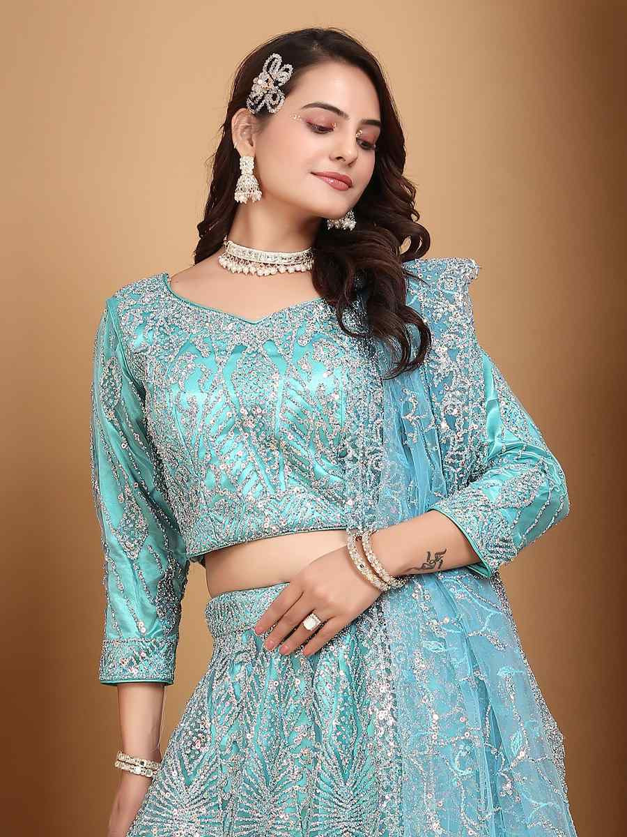 Aqua Blue Net Embroidered Wedding Festival Heavy Border Lehenga Choli