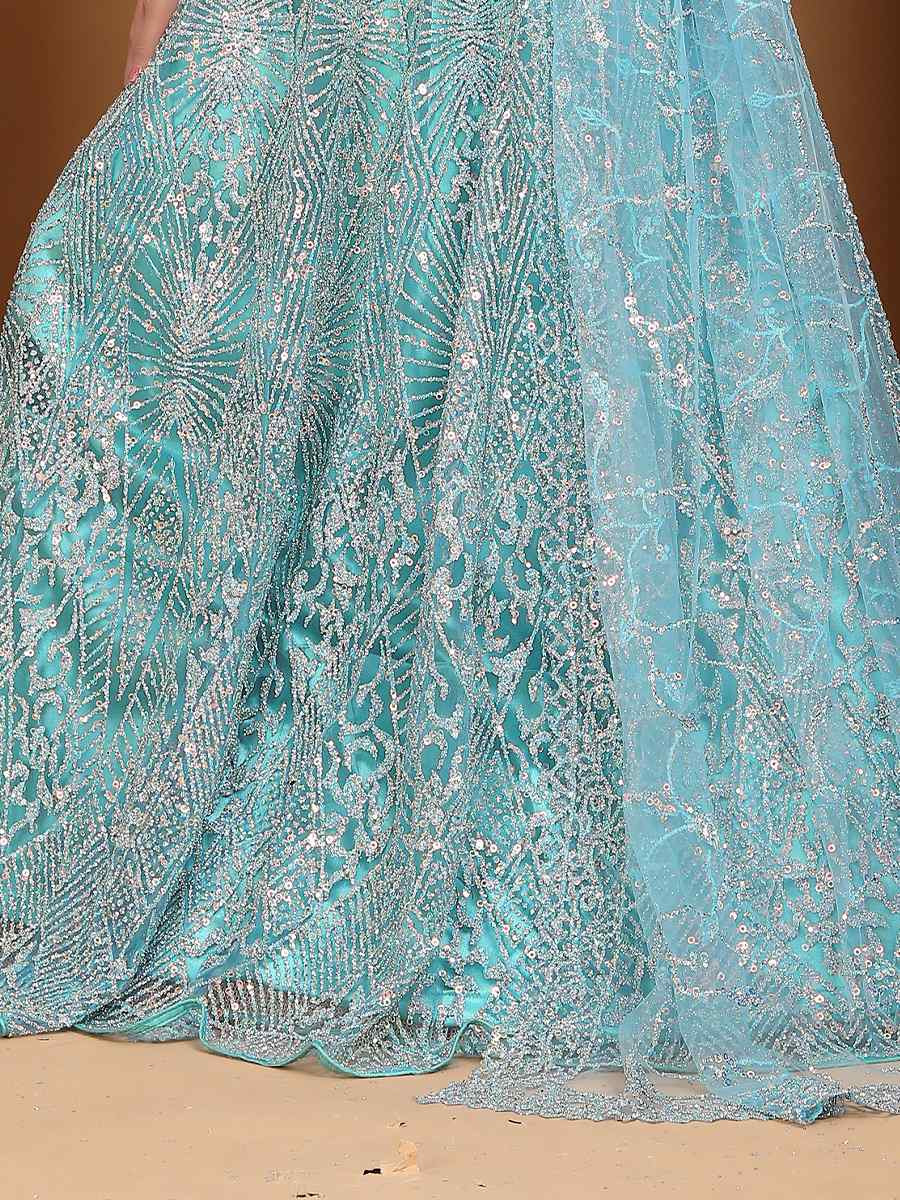 Aqua Blue Net Embroidered Wedding Festival Heavy Border Lehenga Choli