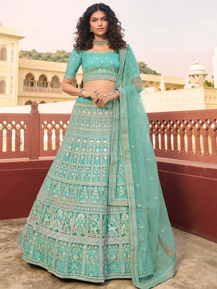 Aqua Blue Organza Embroidered Wedding Lehenga Choli