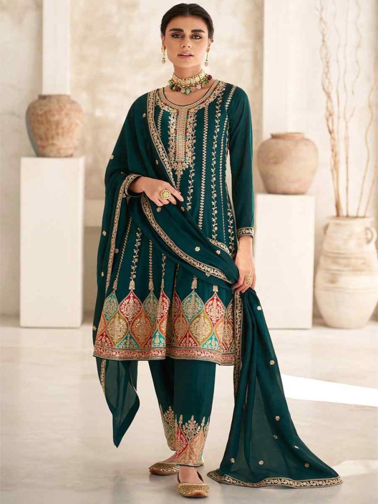 Aqua Blue Premium Silk Embroidered Festival Wedding Patiala Salwar Kameez