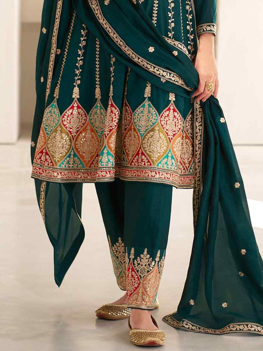 Aqua Blue Premium Silk Embroidered Festival Wedding Patiala Salwar Kameez