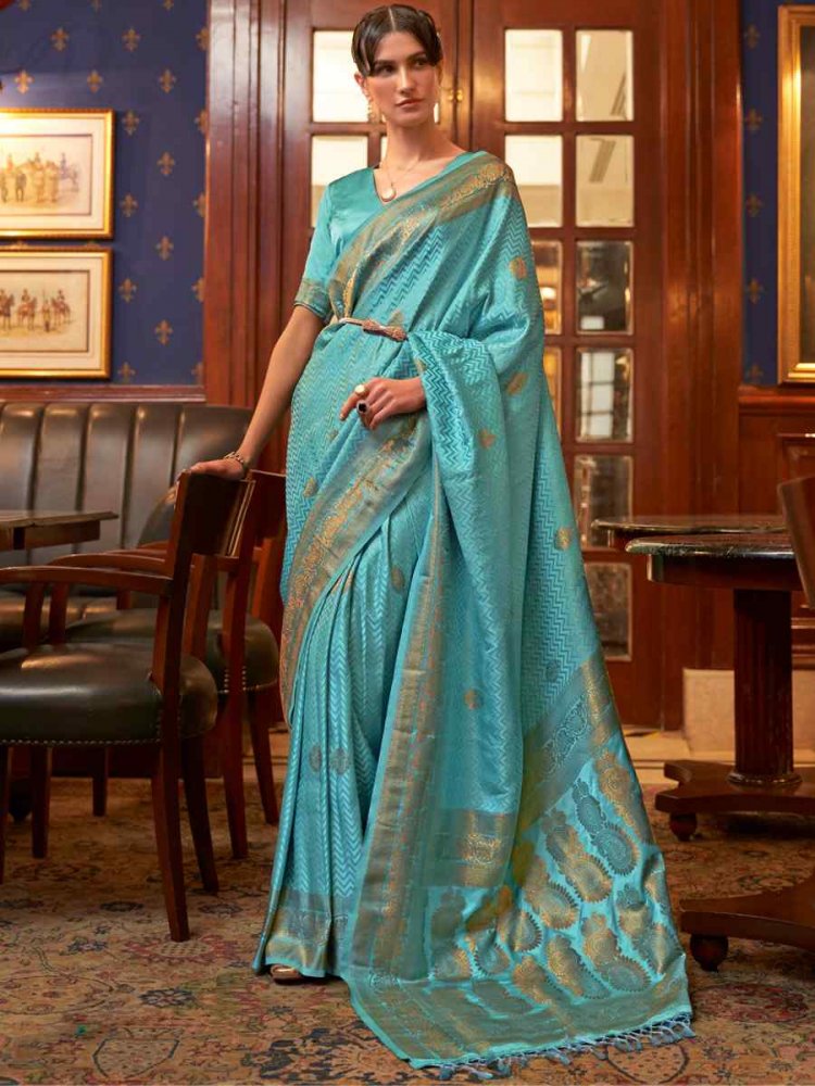 Aqua Blue Pure Satin Silk Handwoven Wedding Festival Classic Style Saree