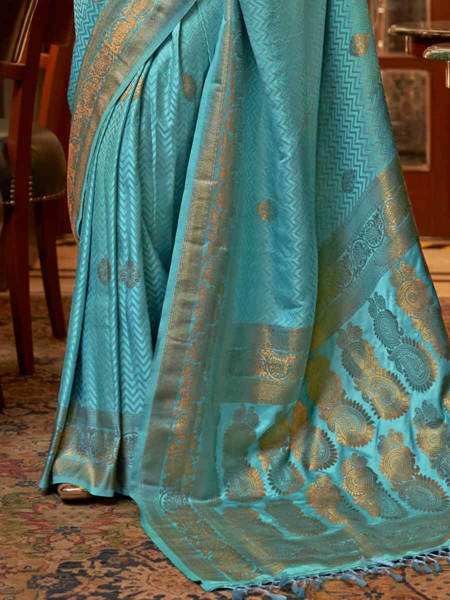 Aqua Blue Pure Satin Silk Handwoven Wedding Festival Classic Style Saree