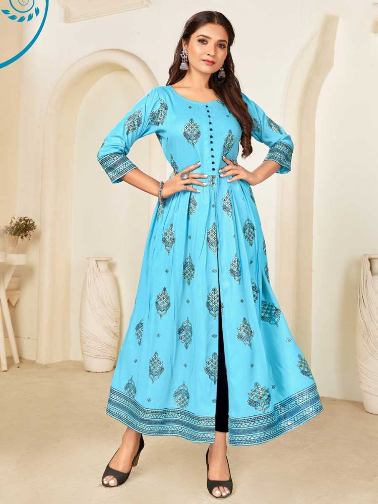 Aqua Blue Rayon Printed Festival Gown