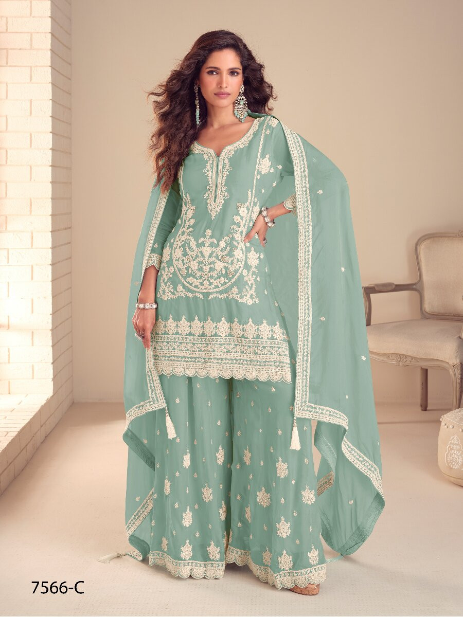 Aqua Blue Real Chinon Embroidery Wedding Party Festival Casual Ready Palazzo Pant Salwar Kameez