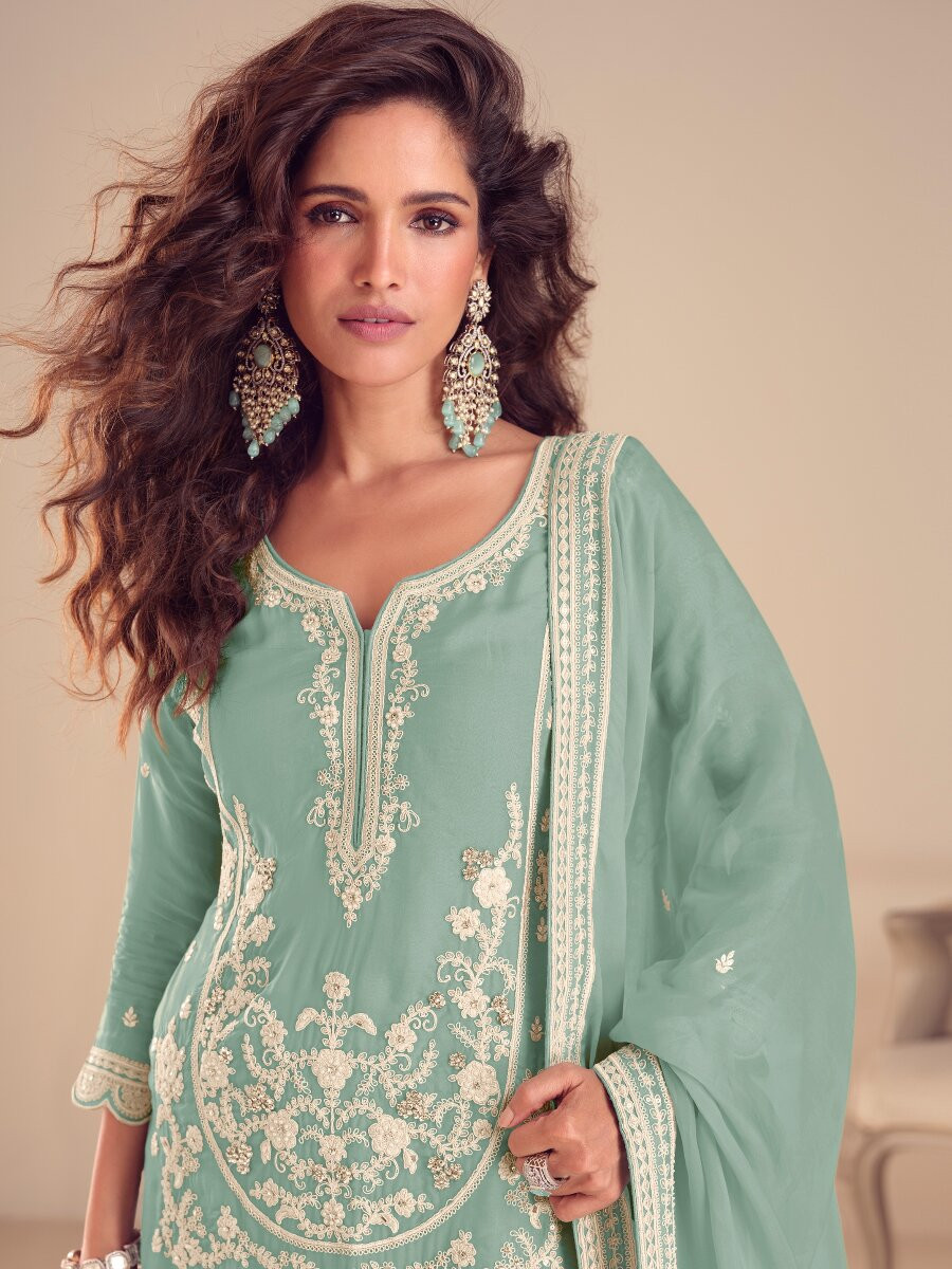 Aqua Blue Real Chinon Embroidery Wedding Party Festival Casual Ready Palazzo Pant Salwar Kameez