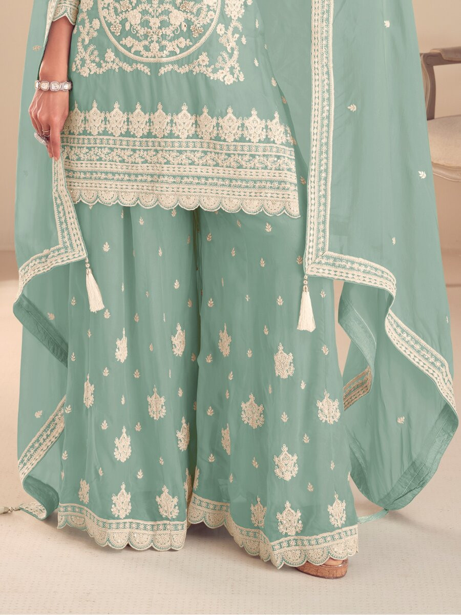 Aqua Blue Real Chinon Embroidery Wedding Party Festival Casual Ready Palazzo Pant Salwar Kameez