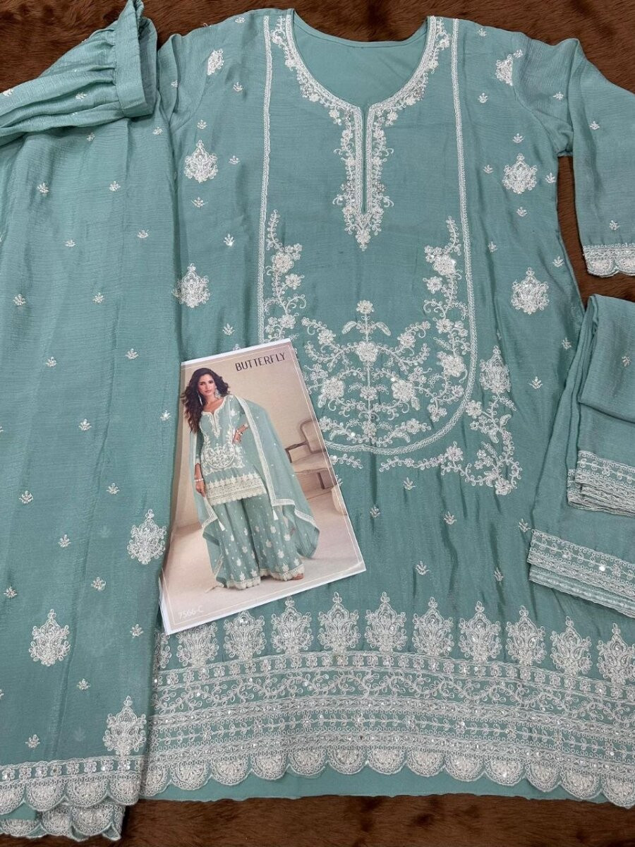 Aqua Blue Real Chinon Embroidery Wedding Party Festival Casual Ready Palazzo Pant Salwar Kameez