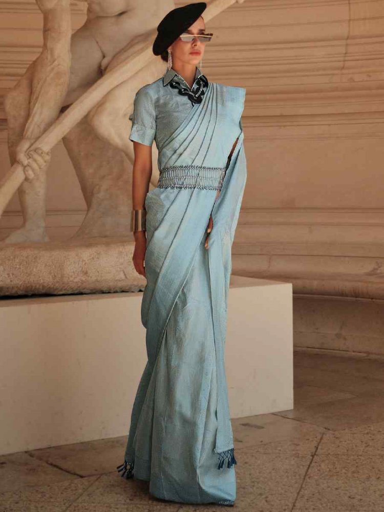 Aqua Blue Satin Silk Handwoven Party Festival Classic Style Saree