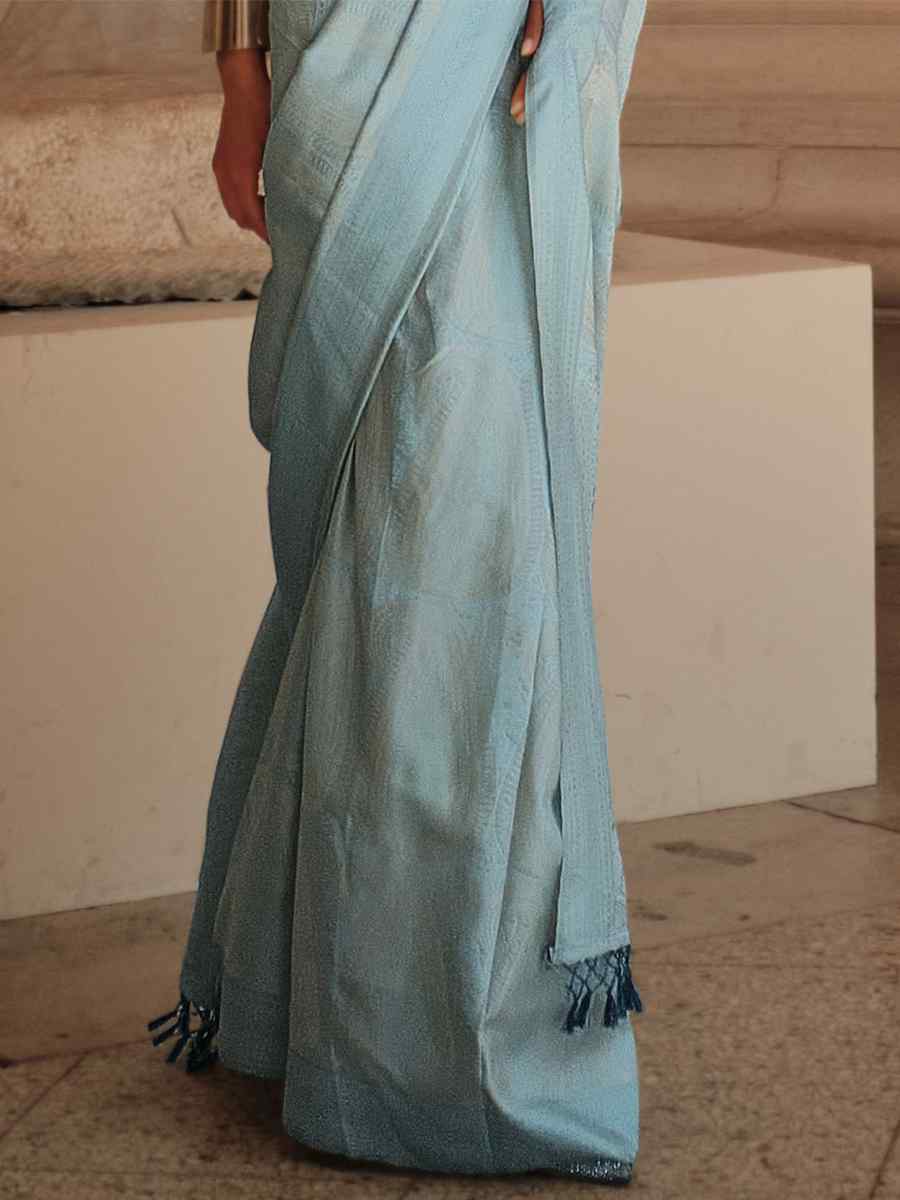 Aqua Blue Satin Silk Handwoven Party Festival Classic Style Saree