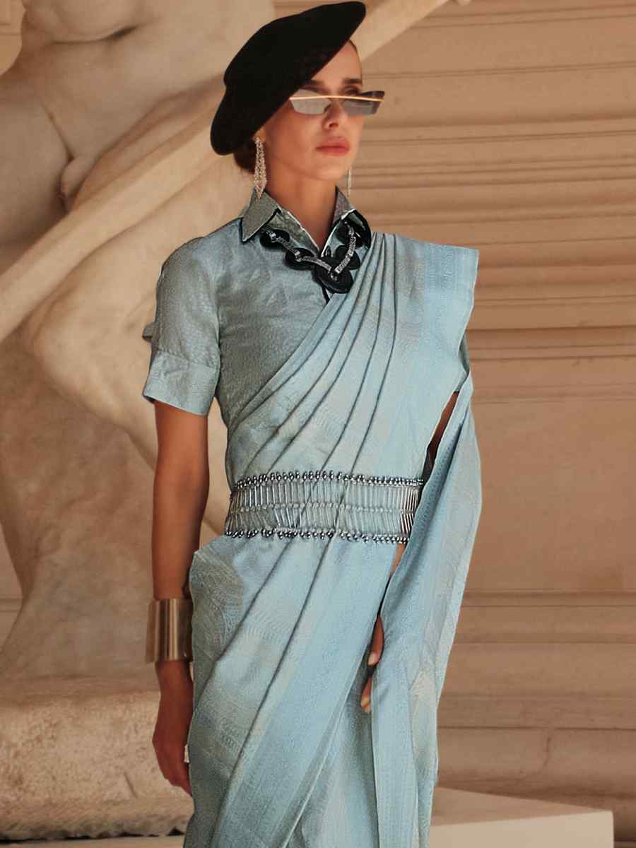 Aqua Blue Satin Silk Handwoven Party Festival Classic Style Saree